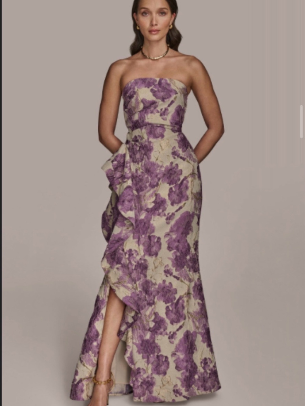 FLORAL BROCADE STRAPLESS RUFFLED GOWN